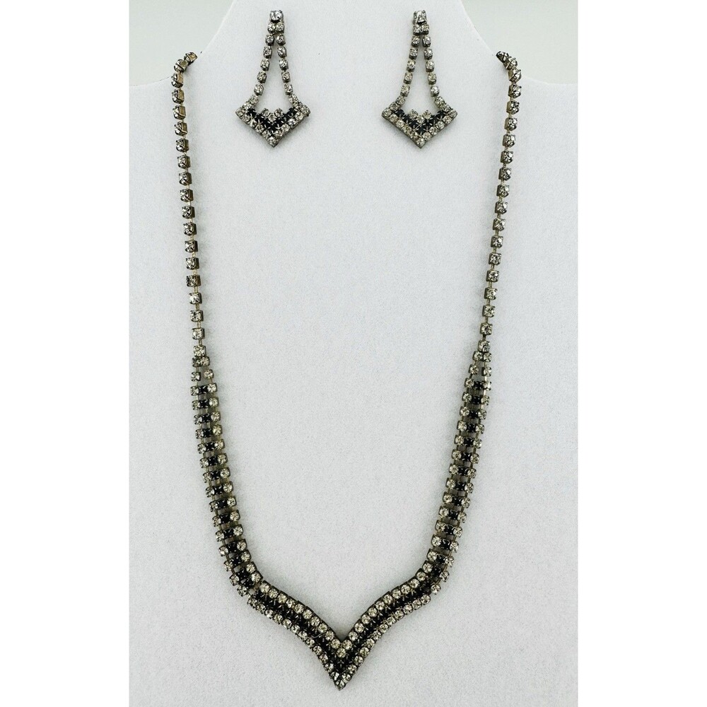 Vintage Rhinestone Necklace Earrings Set Silver Tone Black Clear Missing Stone